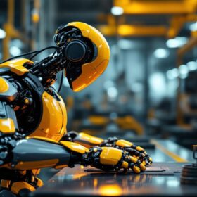 A photograph of a sleek industrial robot in action