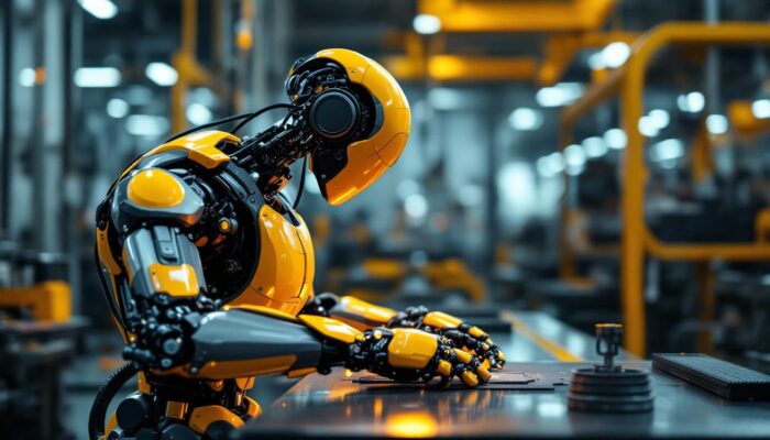 A photograph of a sleek industrial robot in action