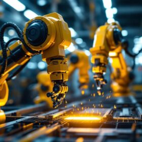 A photograph of a dynamic scene featuring industrial robots in action