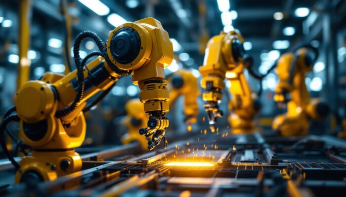 A photograph of a dynamic scene featuring industrial robots in action