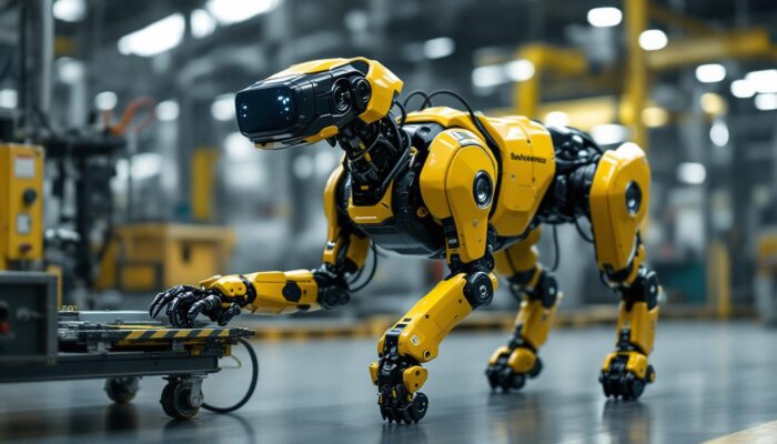 A photograph of a boston dynamics robot dog in an industrial setting