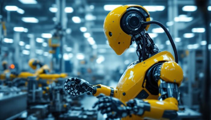 A photograph of a collaborative industrial robot (cobot) working alongside human operators in a dynamic manufacturing environment