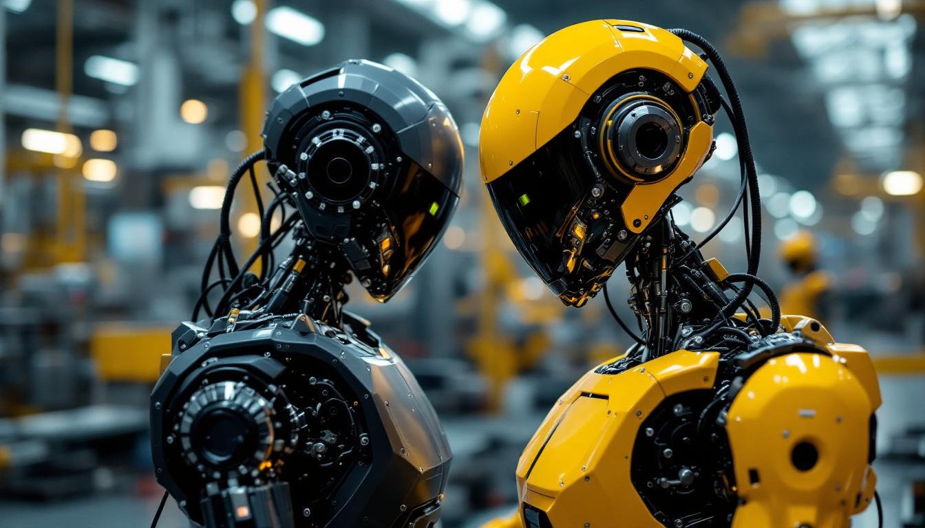 A photograph of a sleek industrial robot in action within a modern manufacturing facility