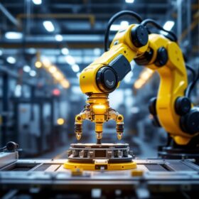 A photograph of a sleek industrial robotic arm in action