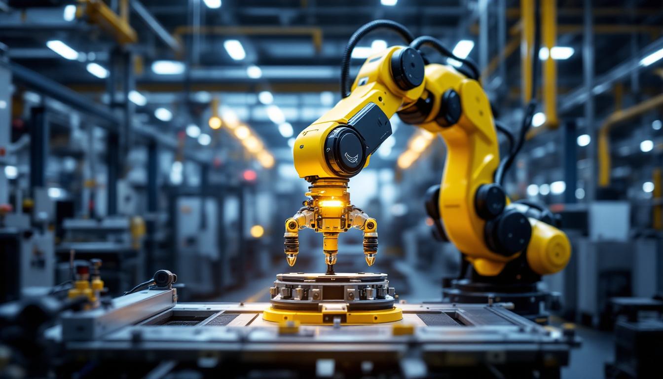 A photograph of a sleek industrial robotic arm in action