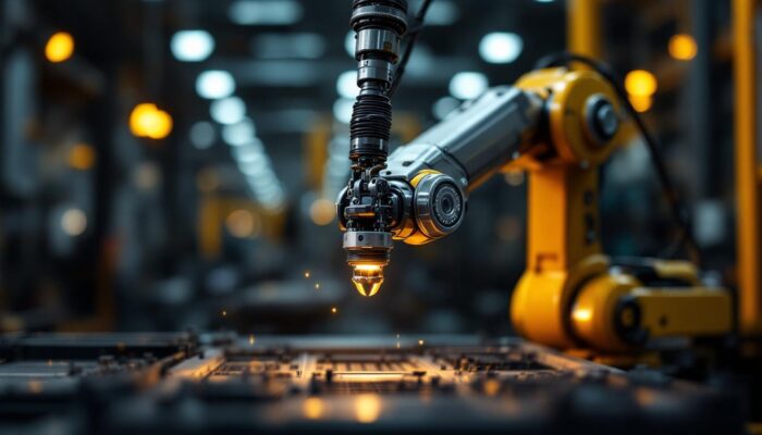 A photograph of a sleek industrial robotic arm in action