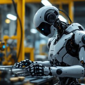 A photograph of a sleek industrial robot in action within a manufacturing environment