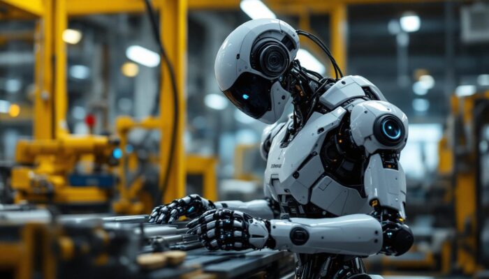 A photograph of a sleek industrial robot in action within a manufacturing environment