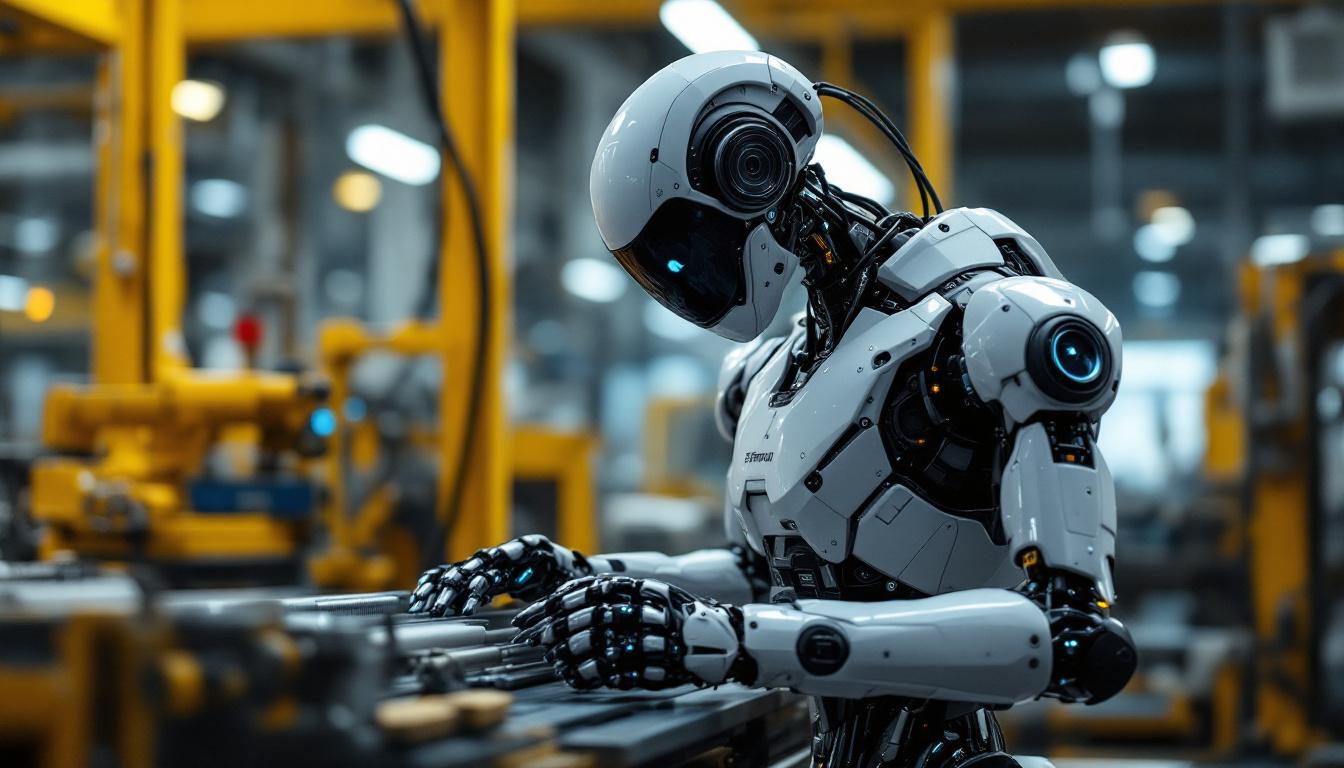 A photograph of a sleek industrial robot in action within a manufacturing environment