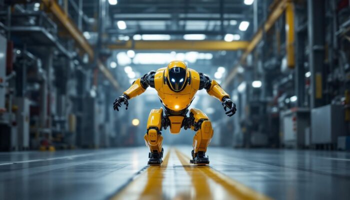 A photograph of a dynamic scene featuring boston dynamics' fast running robot elon strobe in action