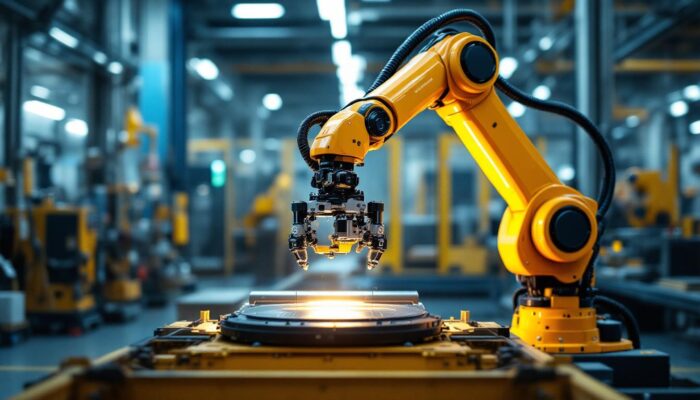 A photograph of a sleek industrial robotic arm in action