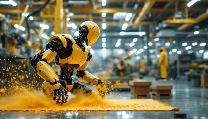 A photograph of a dynamic scene where an industrial robot is performing a choreographed dance routine