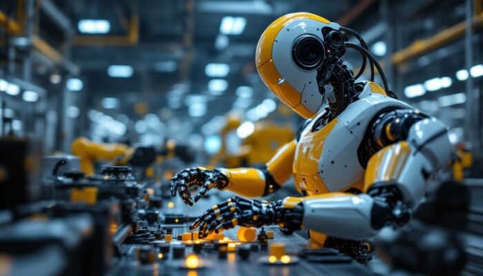 A photograph of a sleek industrial robot in action within a manufacturing setting