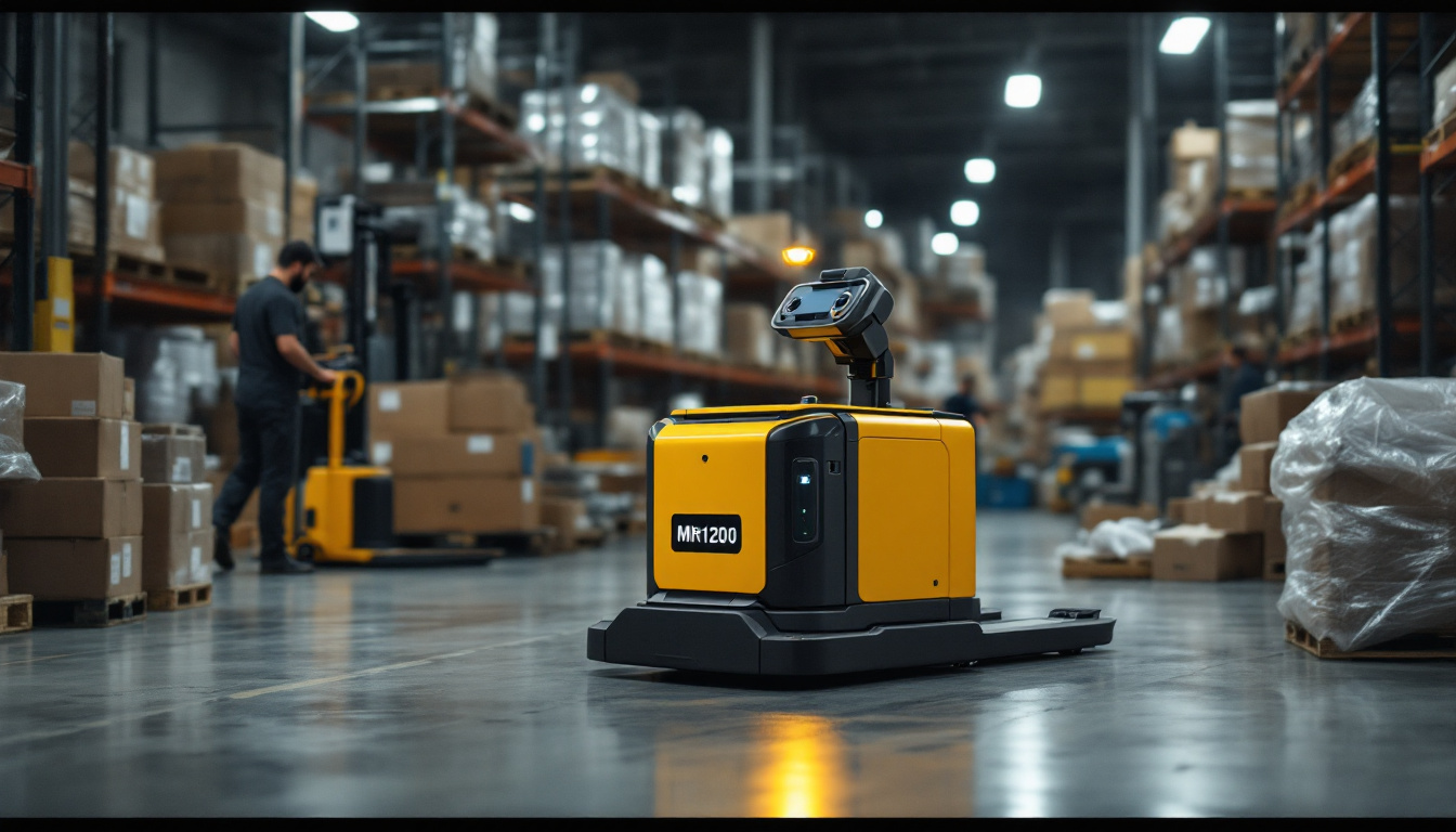 A photograph of a mir1200 pallet jack in action within an industrial setting