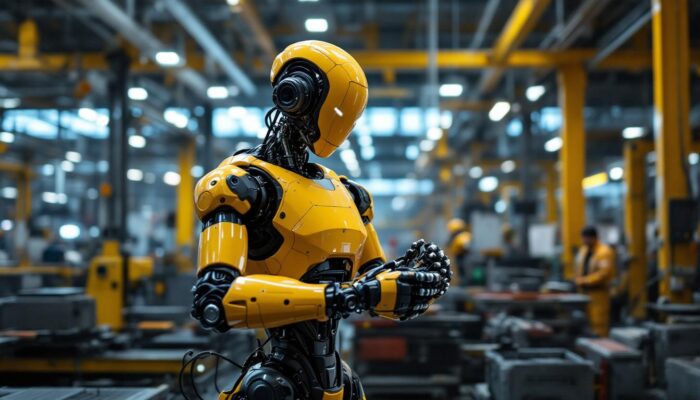 A photograph of a sleek industrial robot in action within a manufacturing environment