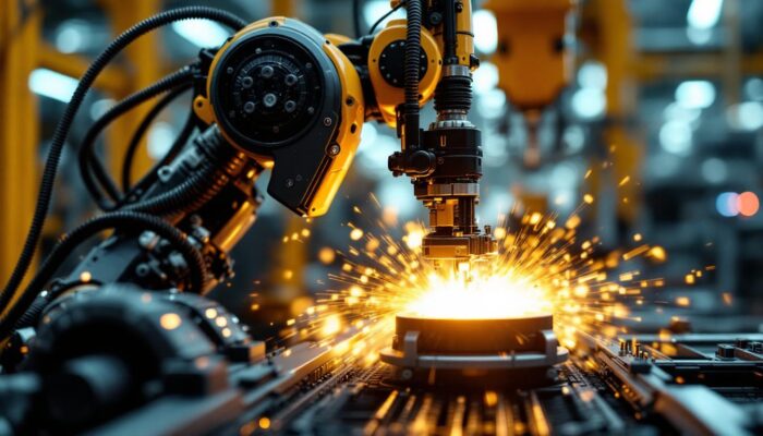 A photograph of a modern industrial robot in action