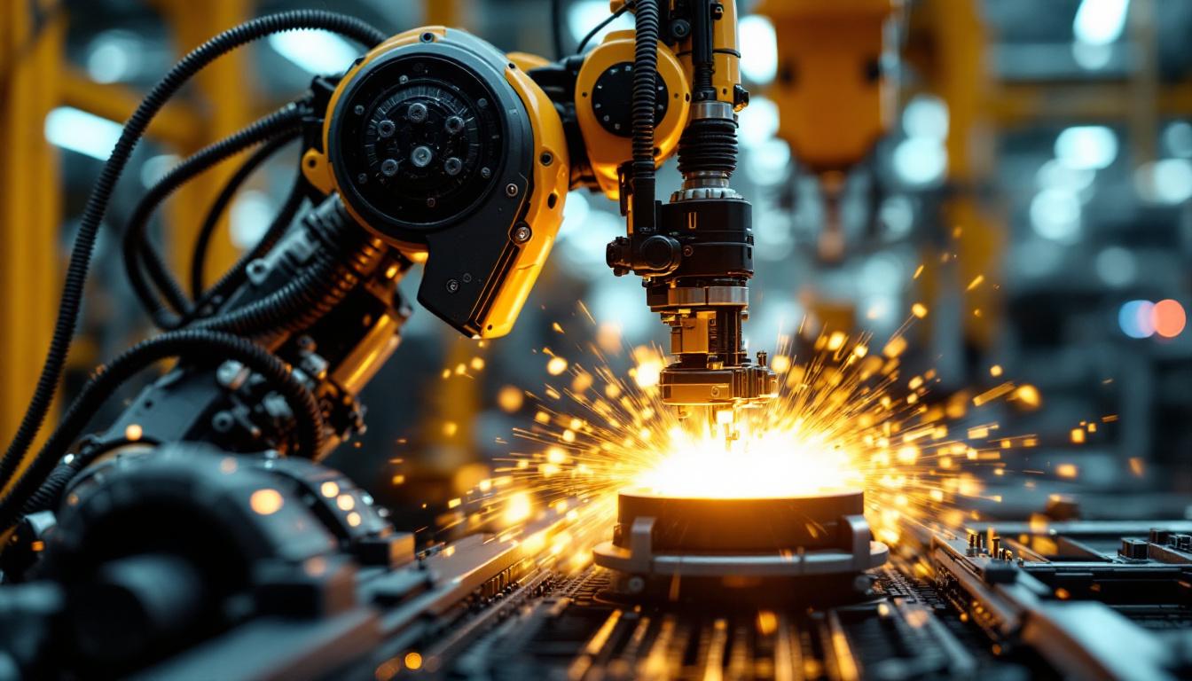 A photograph of a modern industrial robot in action