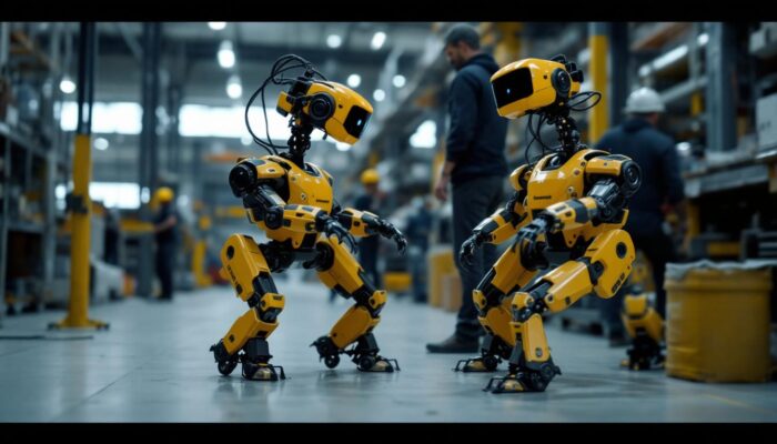 A photograph of a boston dynamics spot robot in an industrial setting