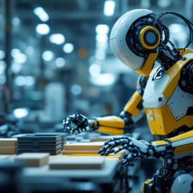 A photograph of a sleek industrial robot in action within a manufacturing environment