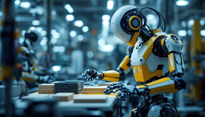 A photograph of a sleek industrial robot in action within a manufacturing environment
