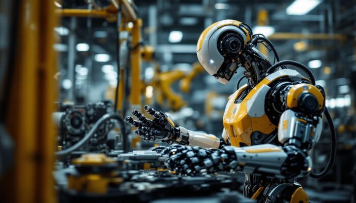 A photograph of a modern industrial robot in action within a manufacturing environment