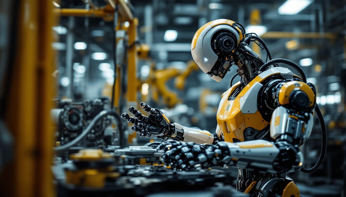 A photograph of a modern industrial robot in action within a manufacturing environment