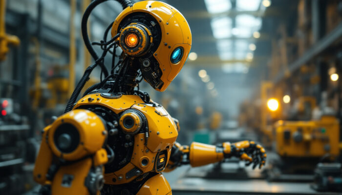 A photograph of a vintage industrial robot in action within a factory setting
