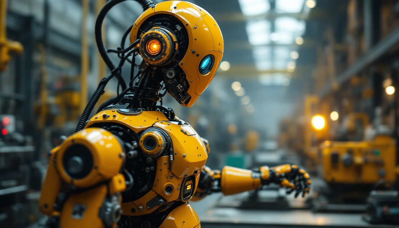 A photograph of a vintage industrial robot in action within a factory setting