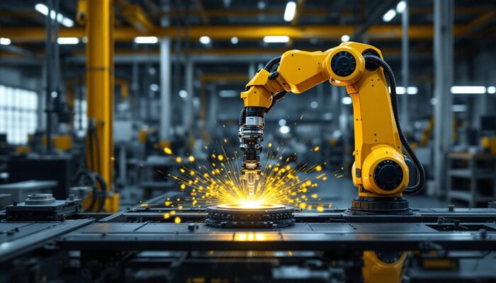 A photograph of a sleek industrial robotic arm in action within a modern manufacturing environment