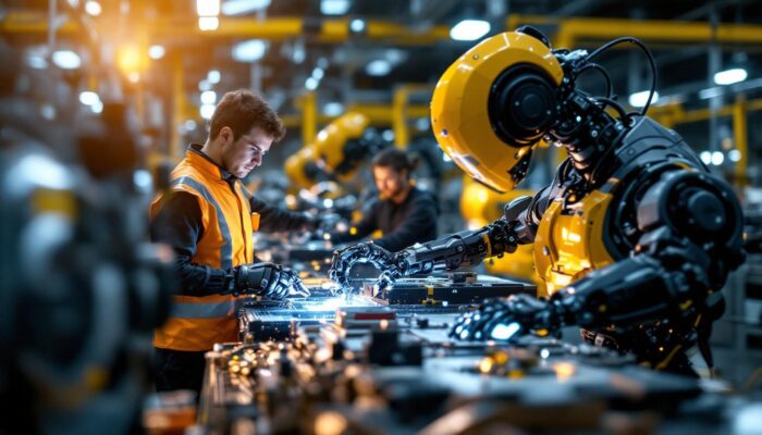 A photograph of a dynamic scene showcasing industrial robots in action within a manufacturing environment