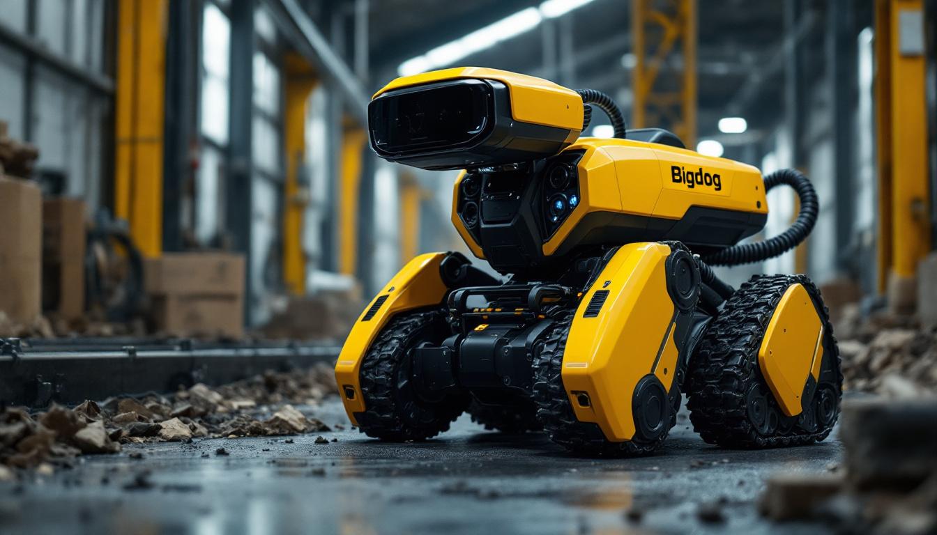 A photograph of a bigdog robot in action within an industrial setting
