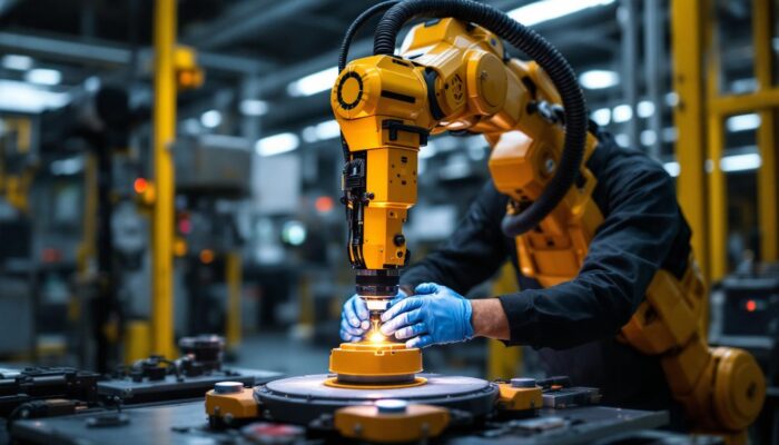 A photograph of a skilled technician demonstrating spot training on an industrial robot in a modern manufacturing environment