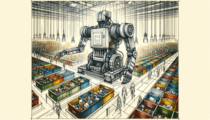 A modern sorting robot in a bustling warehouse environment