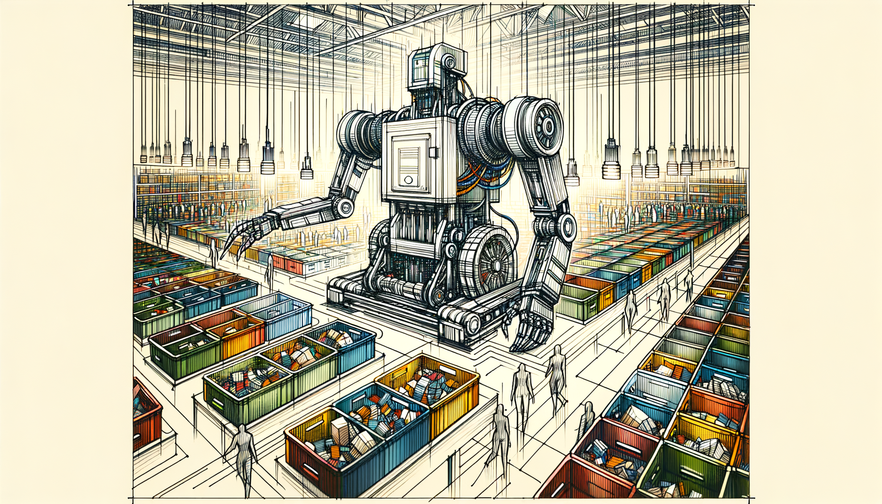 A modern sorting robot in a bustling warehouse environment