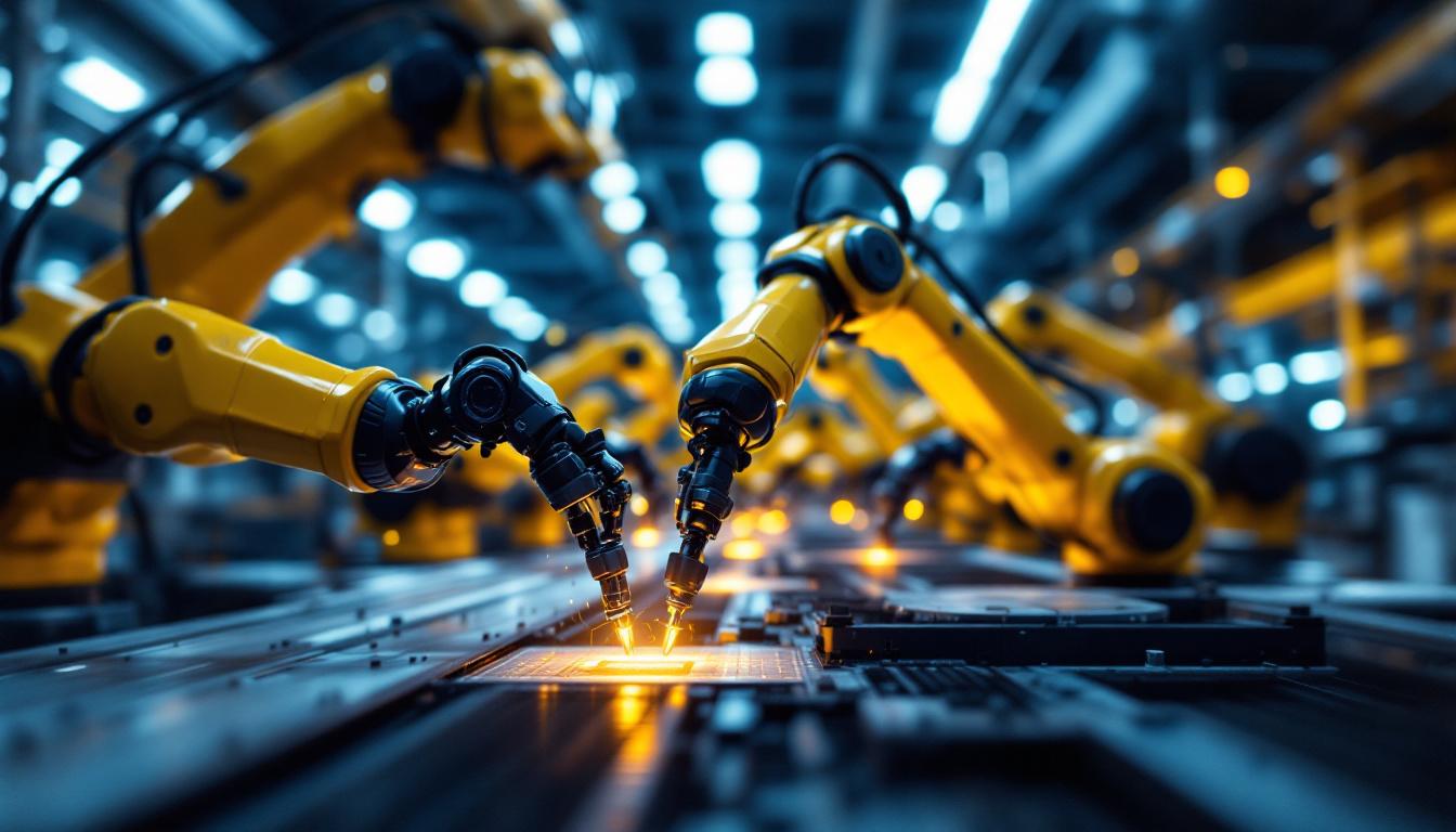 A photograph of a dynamic industrial setting featuring multiple robotic arms in action