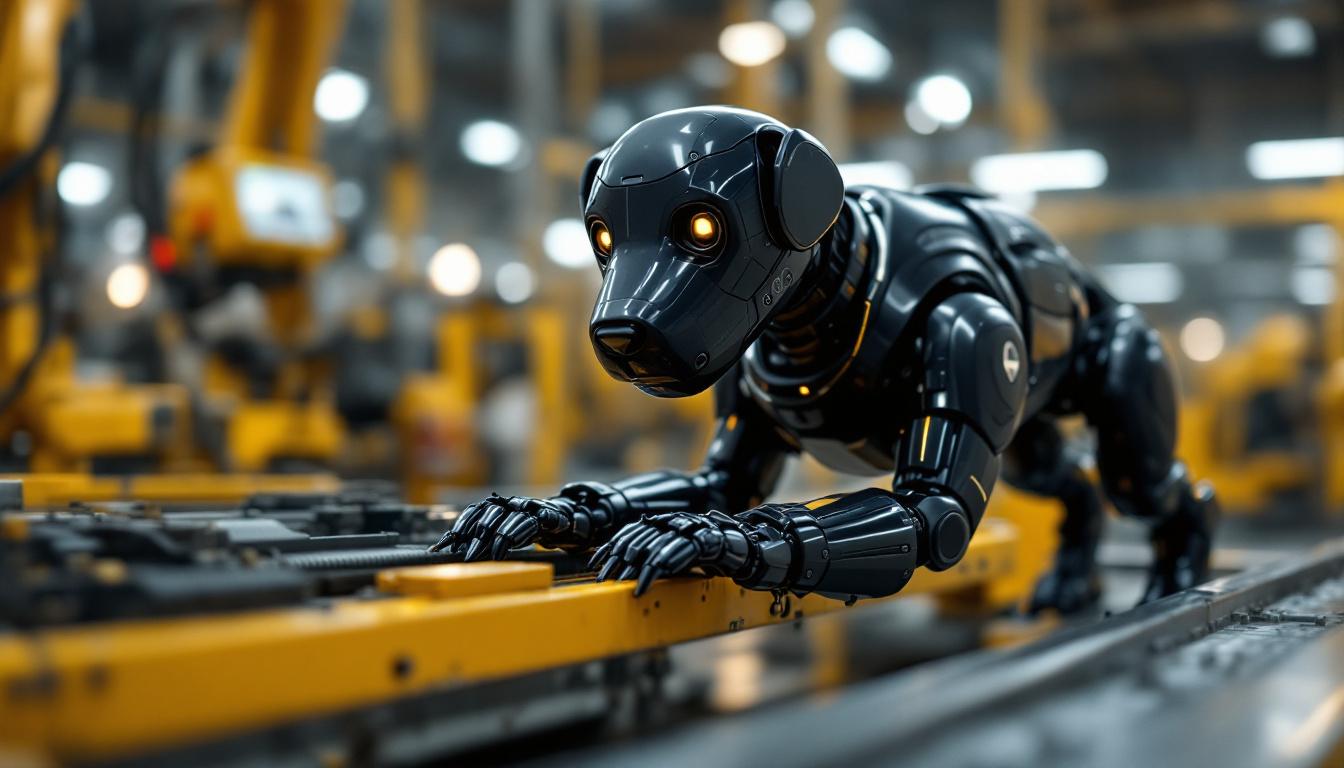 A photograph of a sleek black robotic dog in an industrial setting