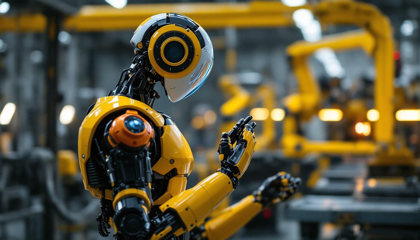 A photograph of capture a photograph of a sleek industrial robot in action within a modern manufacturing environment