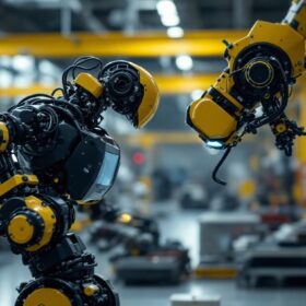 A photograph of capture a photograph of a boston dynamics robot in action within an industrial setting