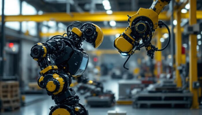A photograph of capture a photograph of a boston dynamics robot in action within an industrial setting