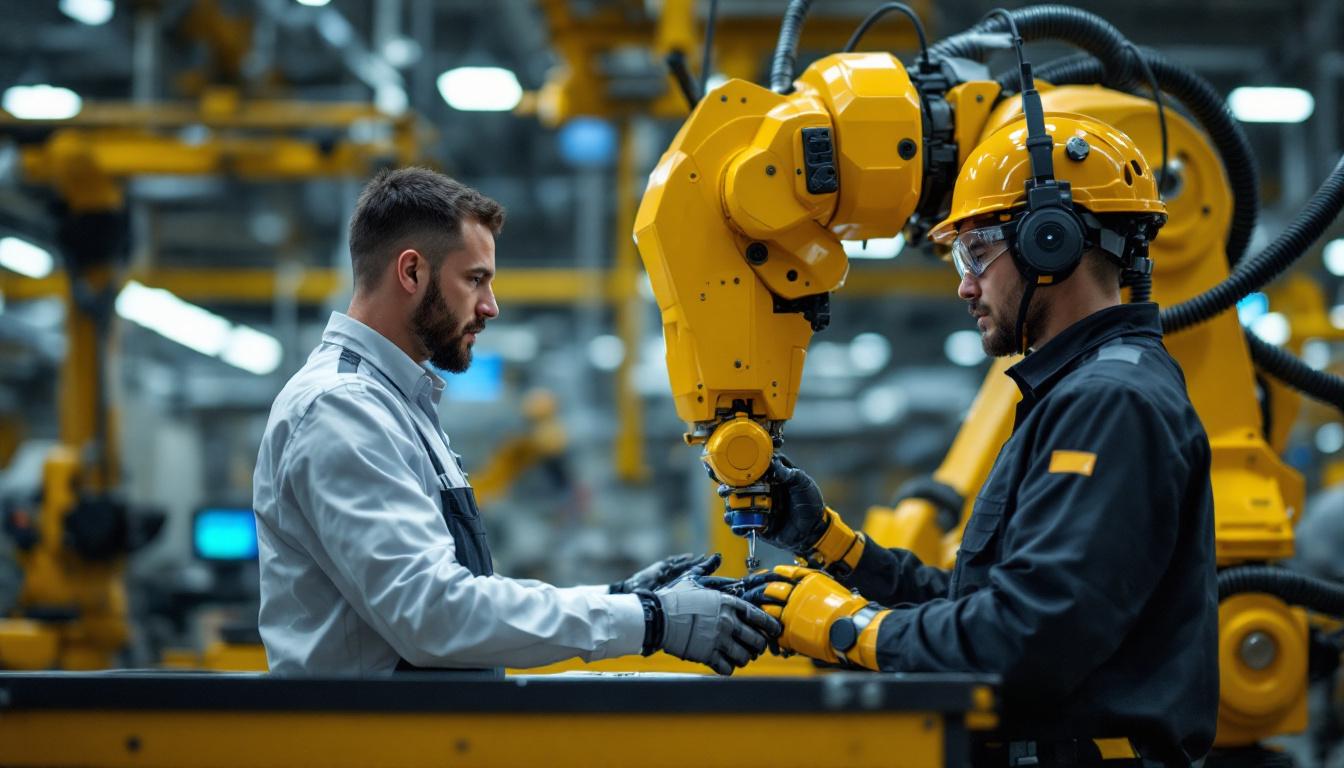 A photograph of a skilled technician programming or operating an industrial robot in a modern manufacturing setting