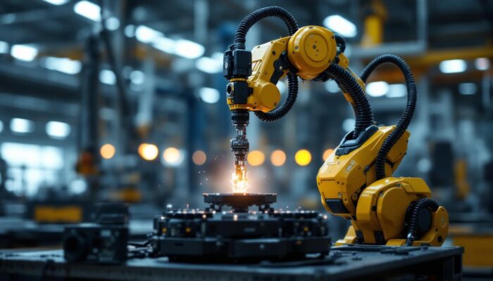 A photograph of a dynamic industrial robot in action