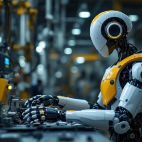 A photograph of a humanoid robot in an industrial setting