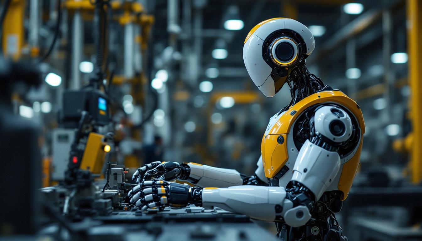 A photograph of a humanoid robot in an industrial setting