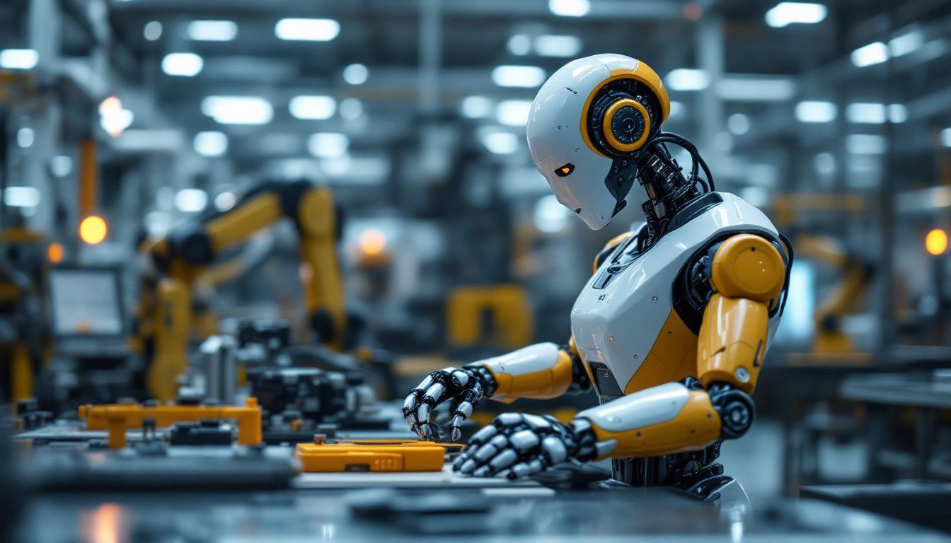 A photograph of a sleek industrial robot in action on a factory floor