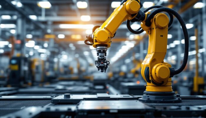 A photograph of a sleek industrial robotic arm in action within a modern manufacturing facility