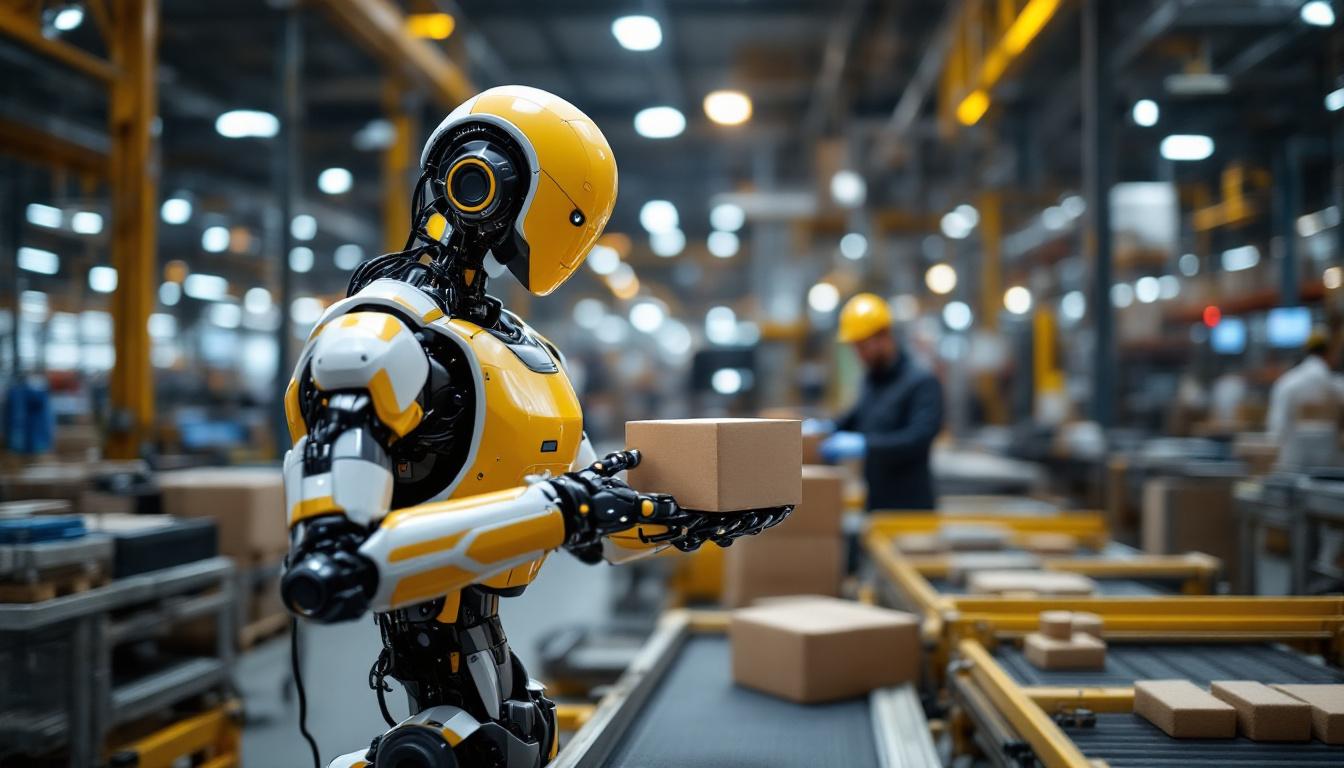 A photograph of a modern industrial robot in action