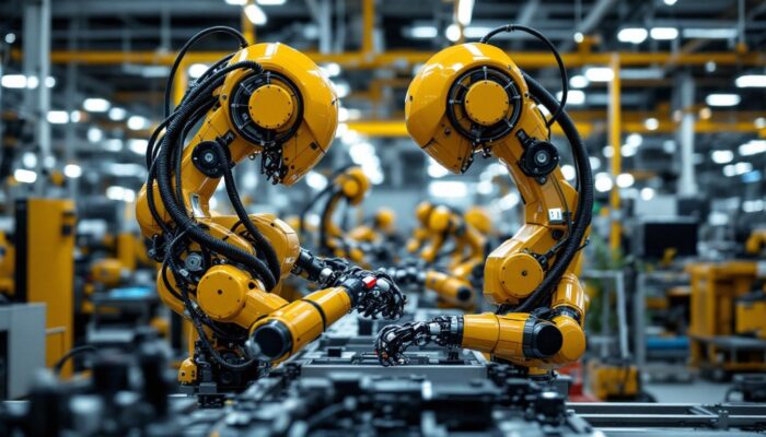A photograph of a sleek industrial robot in action at a hyundai manufacturing facility