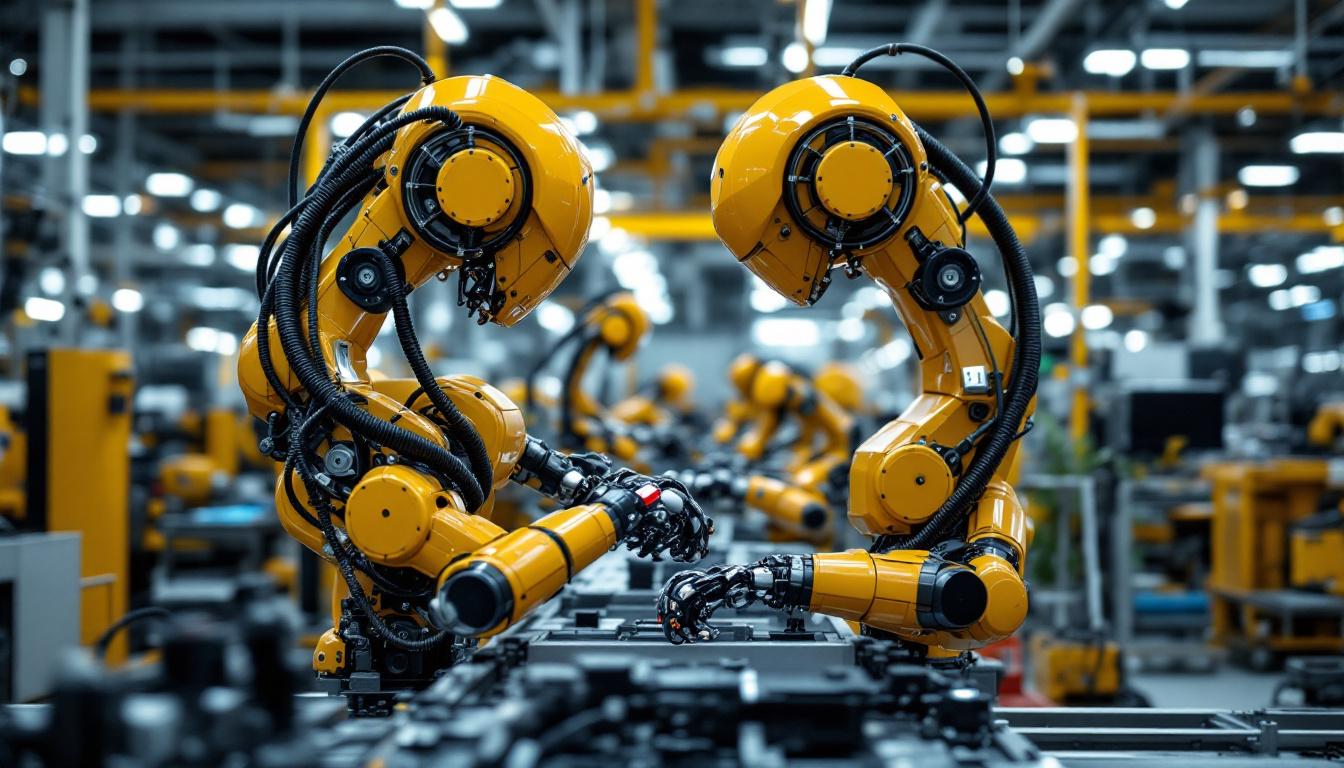 A photograph of a sleek industrial robot in action at a hyundai manufacturing facility