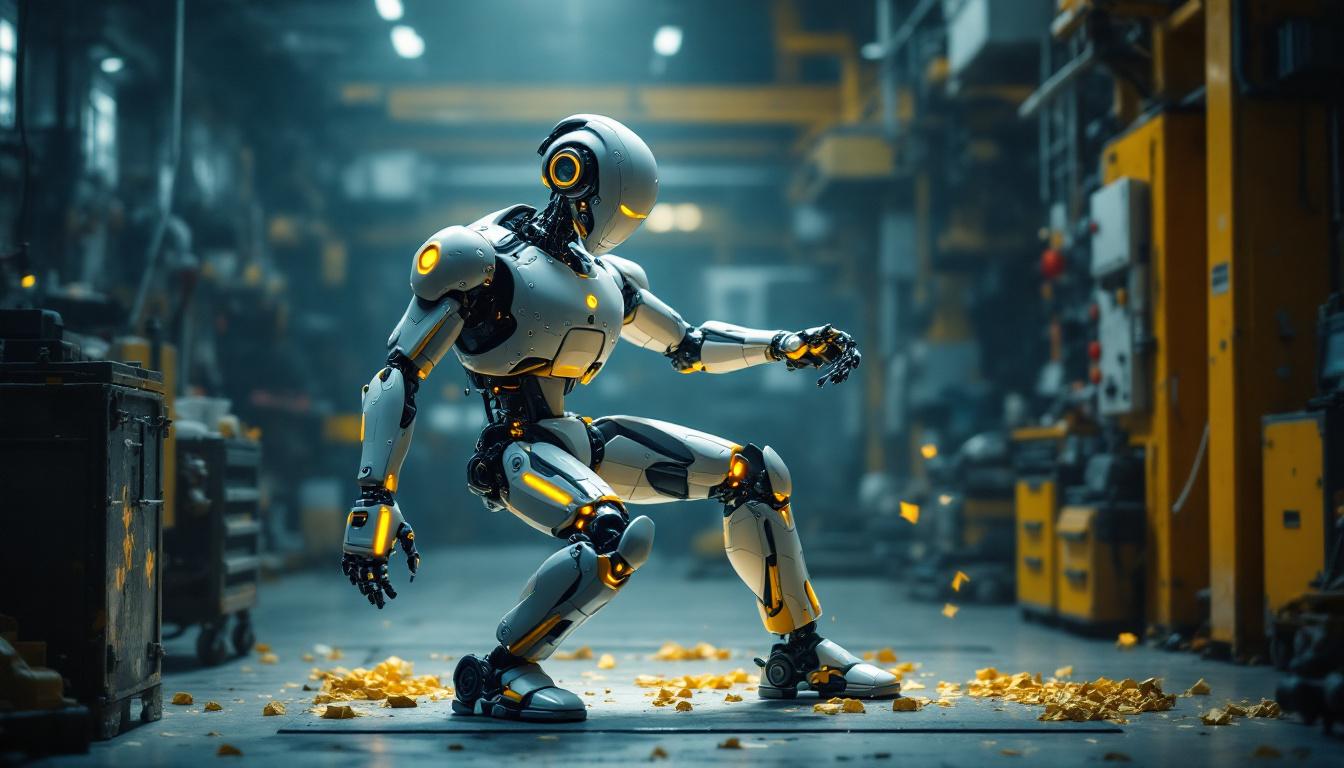 A photograph of a dynamic scene featuring a humanoid robot performing the robot dance in an industrial setting