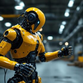 A photograph of a boston dynamics robot in action